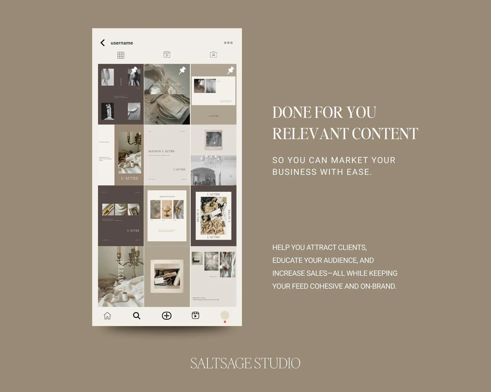 Screenshot of a design app interface with grid of images on a brown background, featuring text about marketing services.