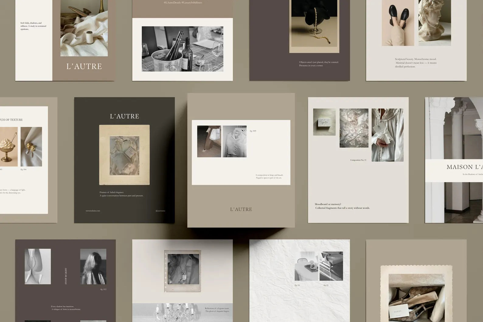Collage of various brochures with different designs and text on a beige background
