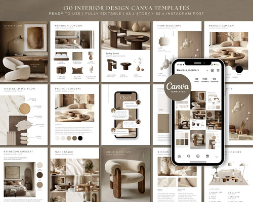 Collection of interior design Canva templates with a smartphone displaying the Canva brand.