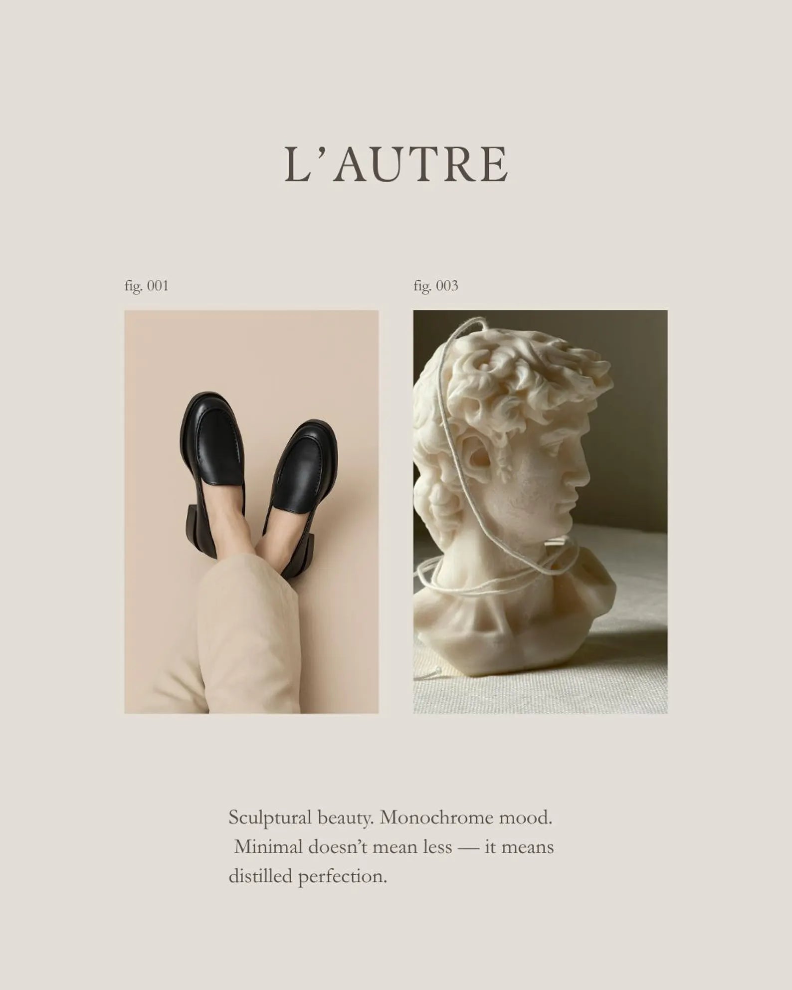 Product display with 'L'Autre' branding, featuring a shoe and a marble bust on a neutral background.