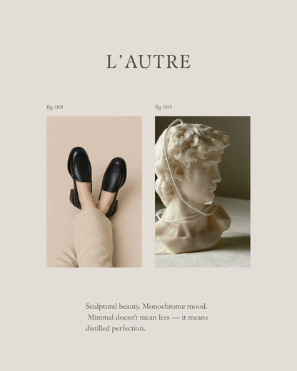 Product display with 'L'Autre' branding, featuring a shoe and a marble bust on a neutral background.