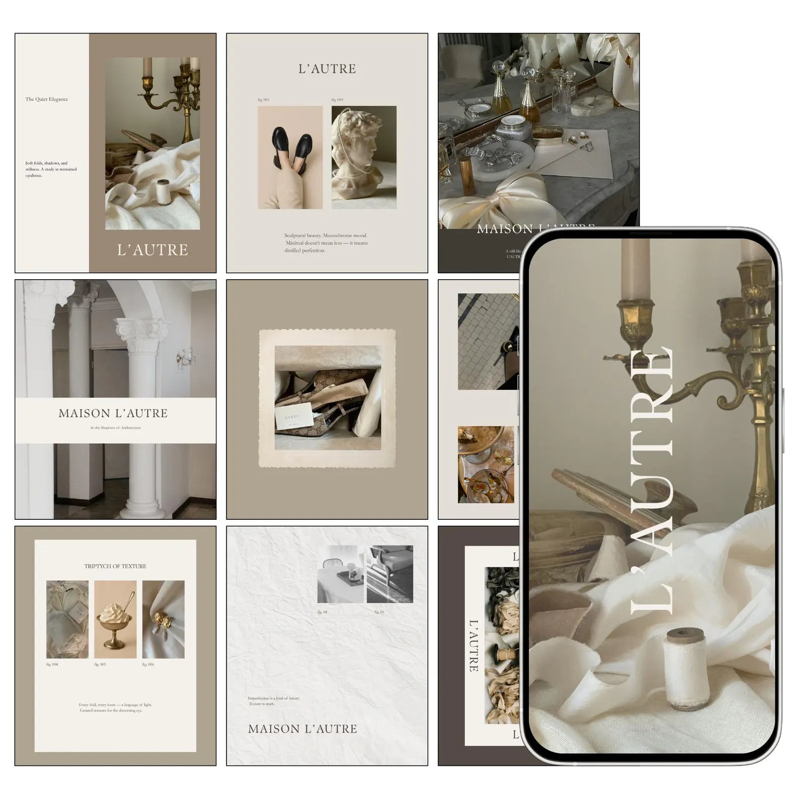 Collage of 'L'Autre' brand images with a phone displaying the brand name.