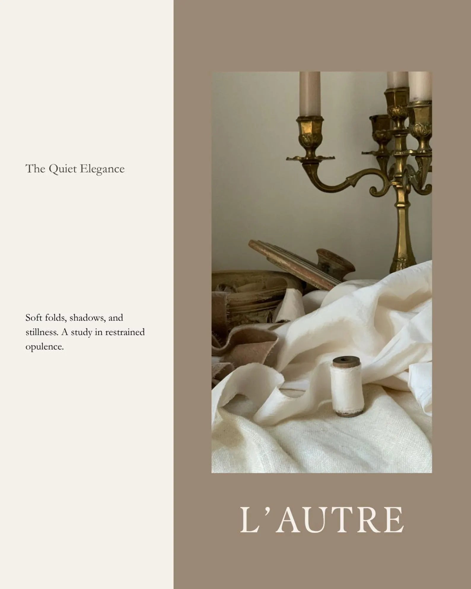 Candlelit scene with draped fabric and a candelabra, featuring the brand 'L'Autre'.