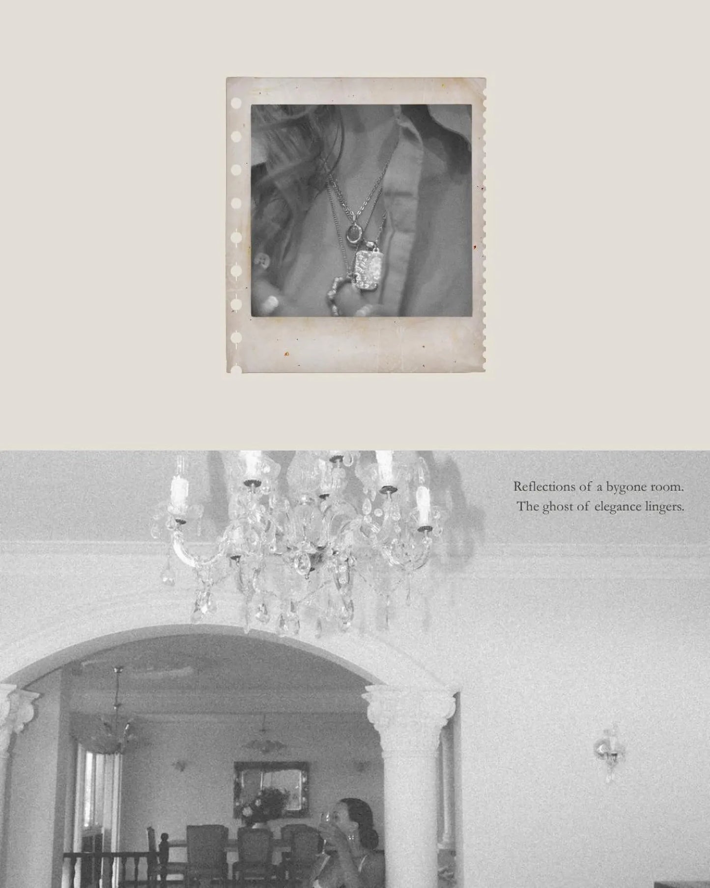 Chandelier in a room with a mirror and a photo of jewelry in a frame.