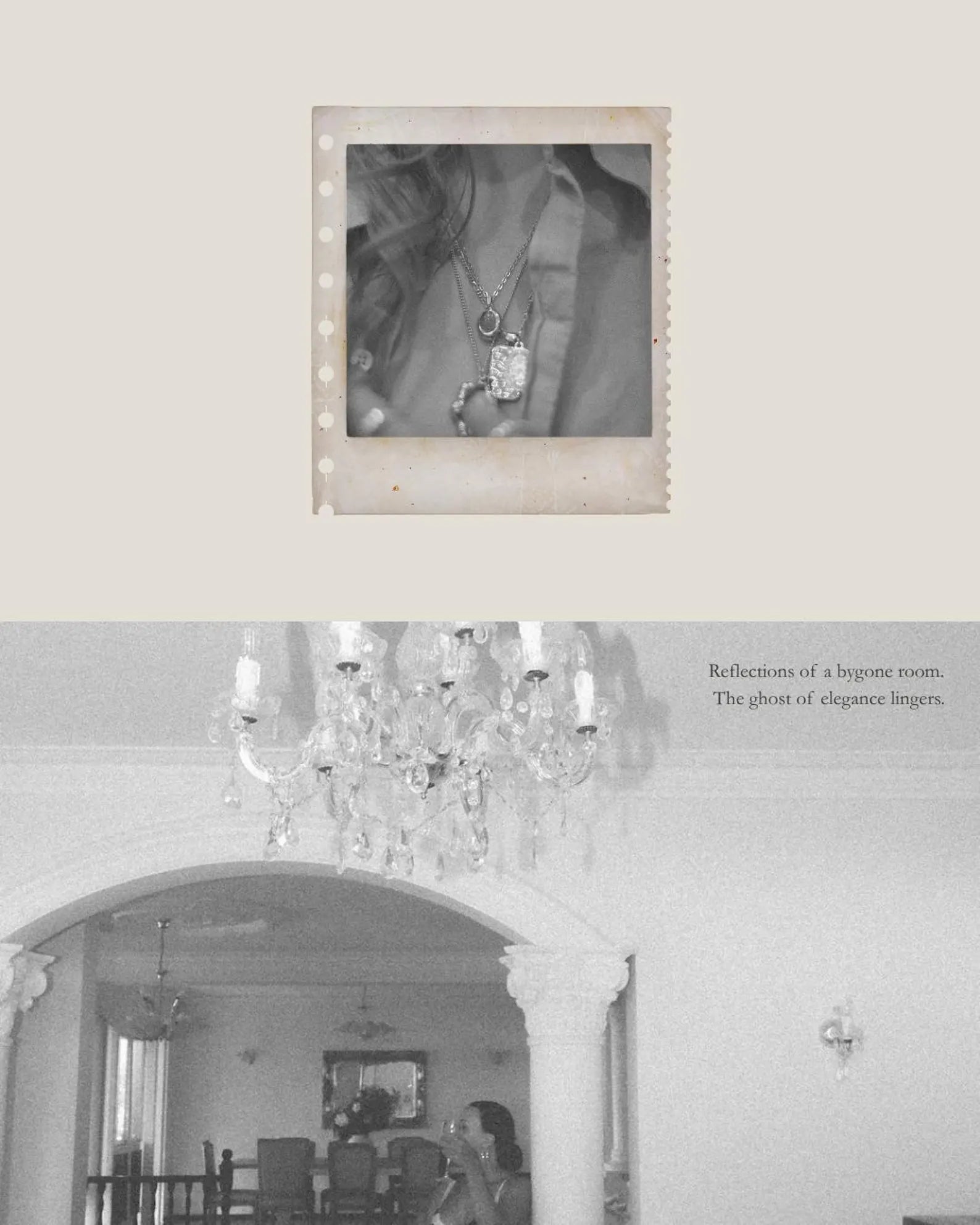 Chandelier in a room with a mirror and a photo of jewelry in a frame.