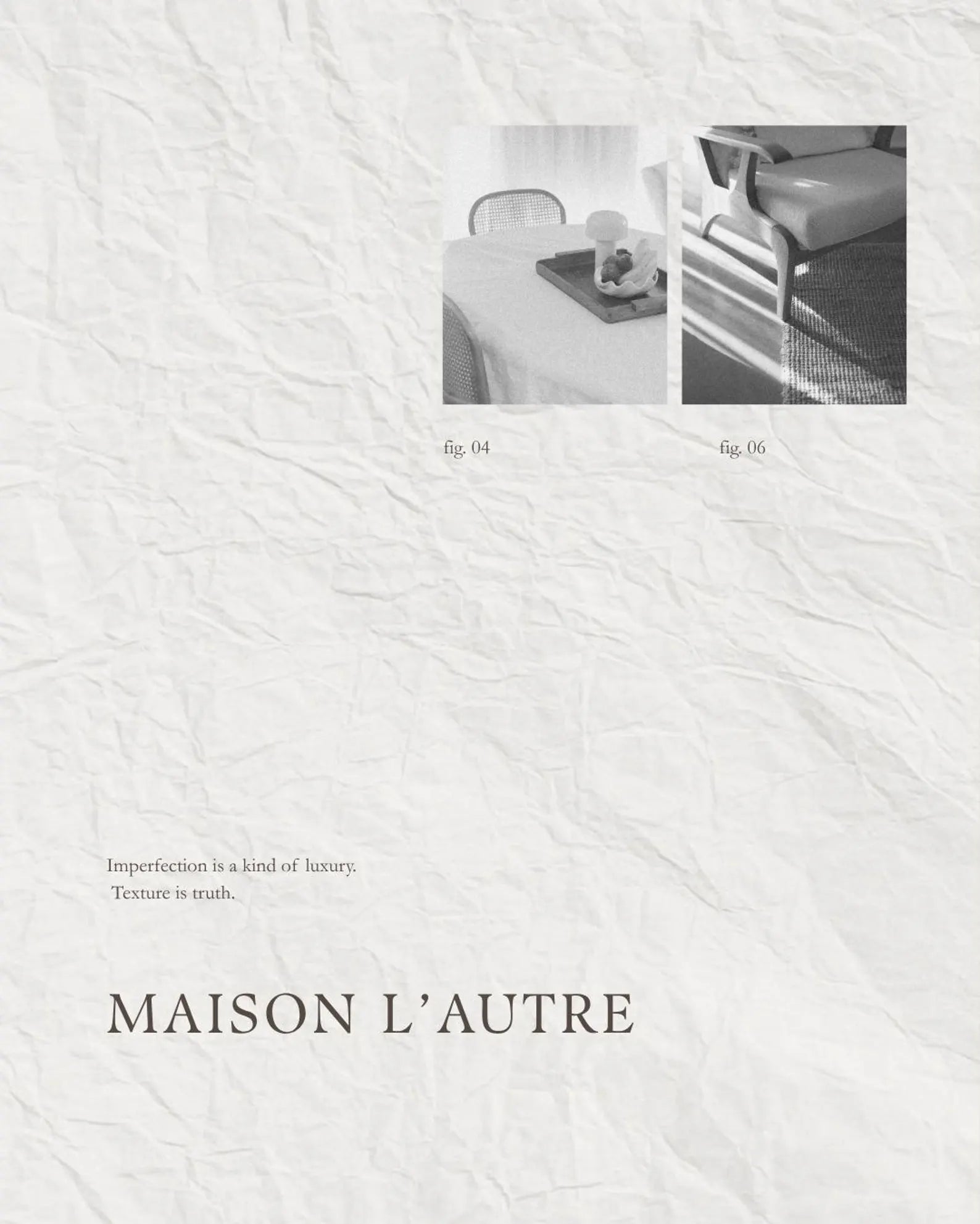 Textured white background with 'MAISON L'AUTRE' branding and product images.