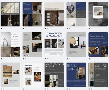 Grid of interior design magazine pages with various articles and images.