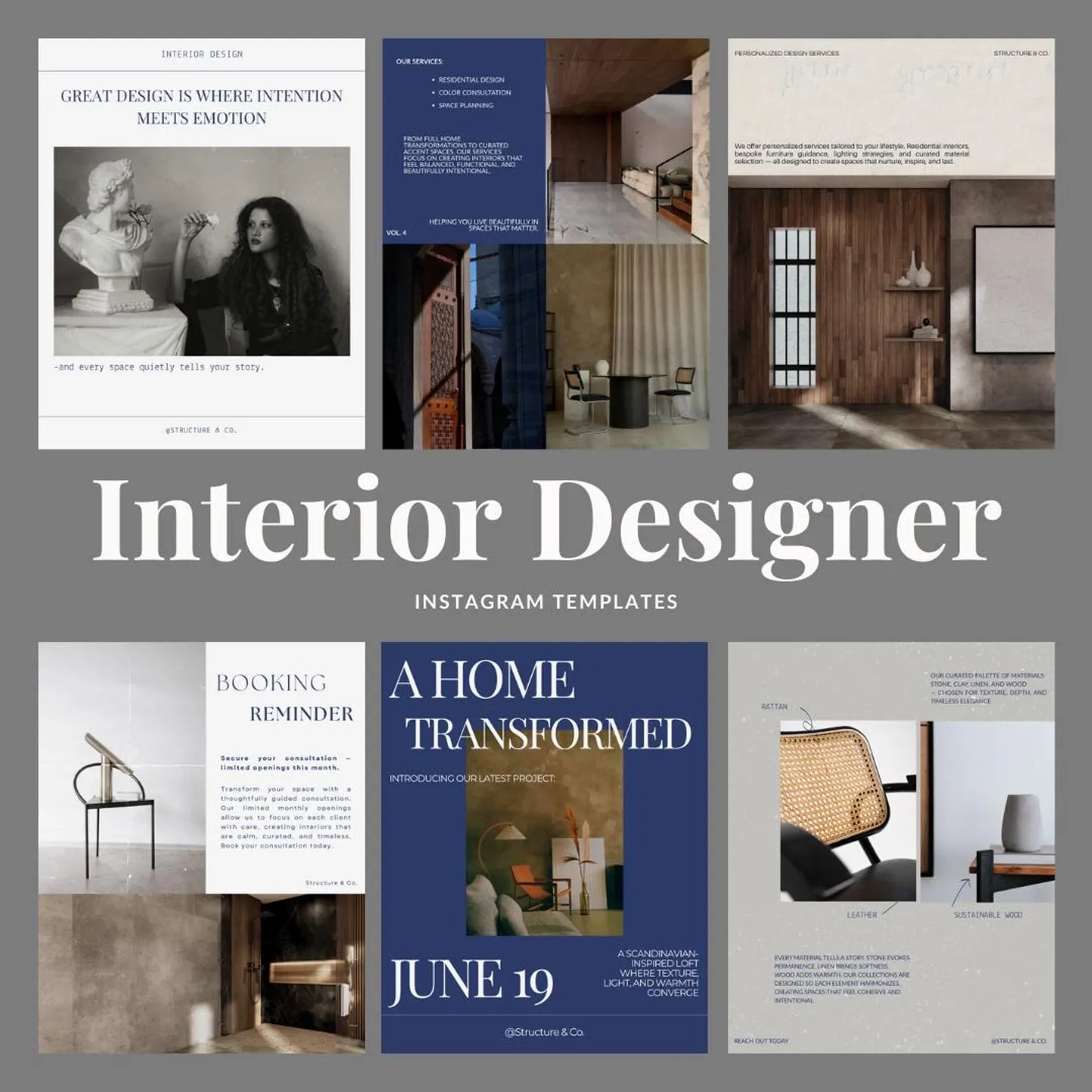 Collection of interior design Instagram templates with images of rooms and furniture.