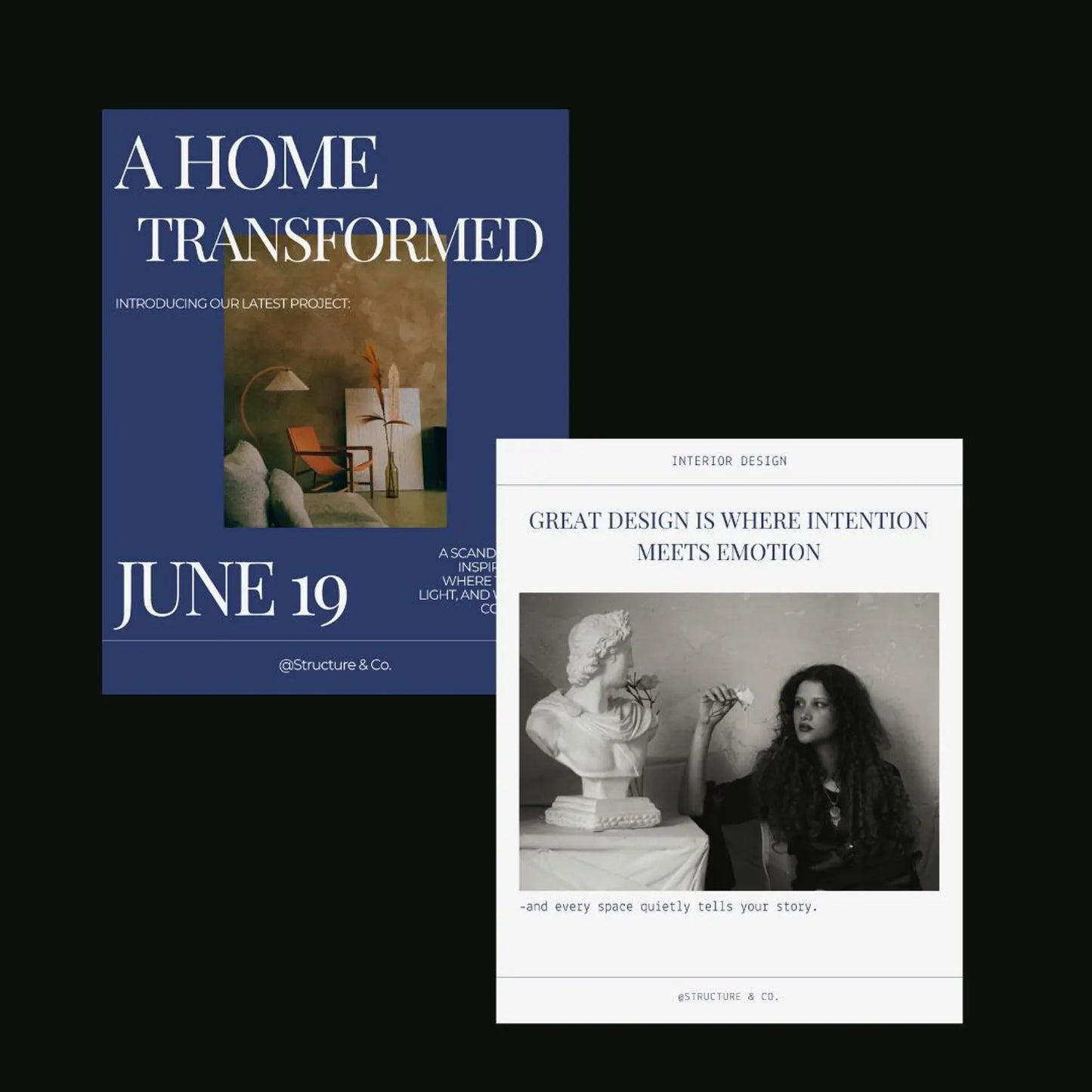 Two design brochures on a black background, one titled 'A Home Transformed' and the other with text about design and emotion.