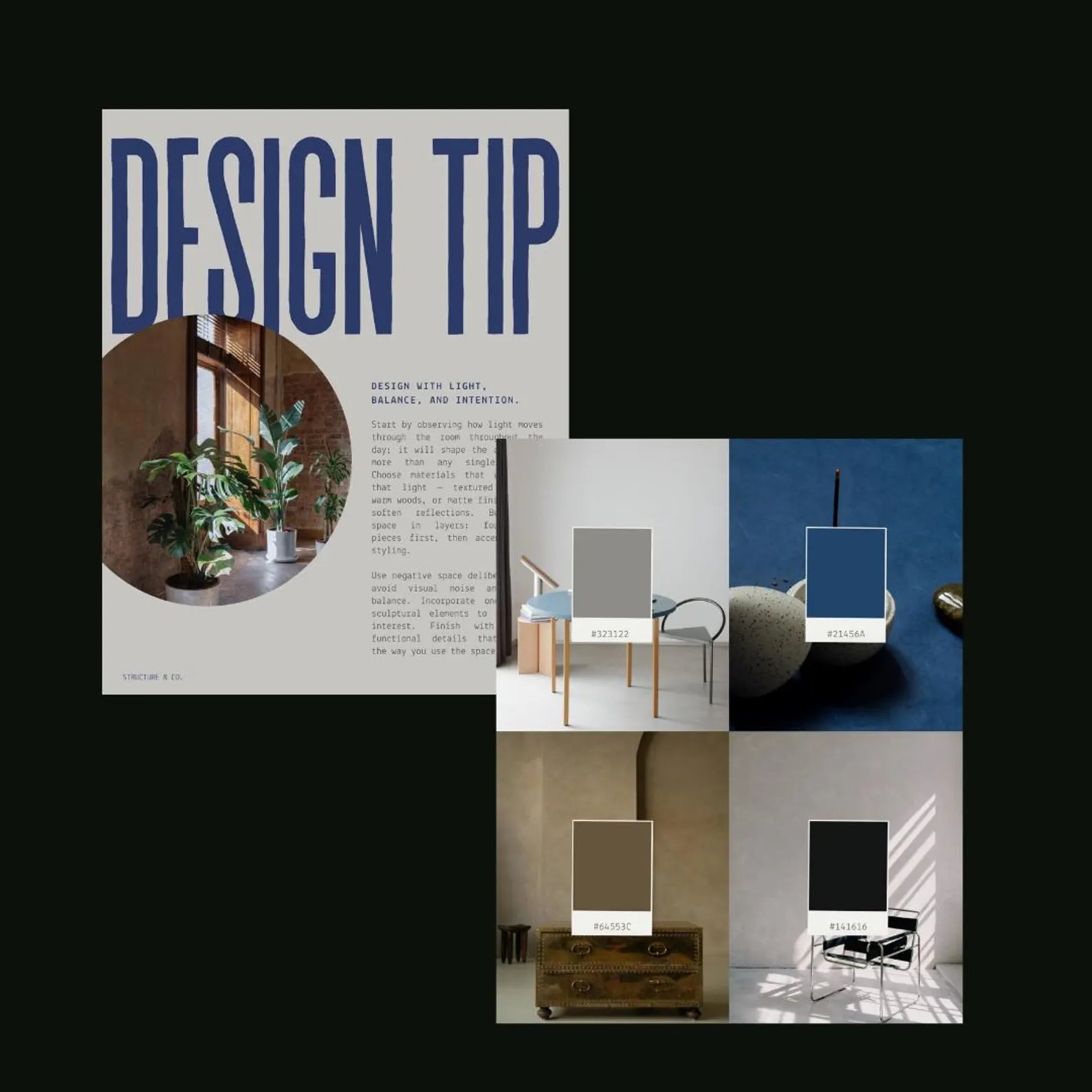 Collage of interior design images with a 'Design Tip' text overlay on a black background.
