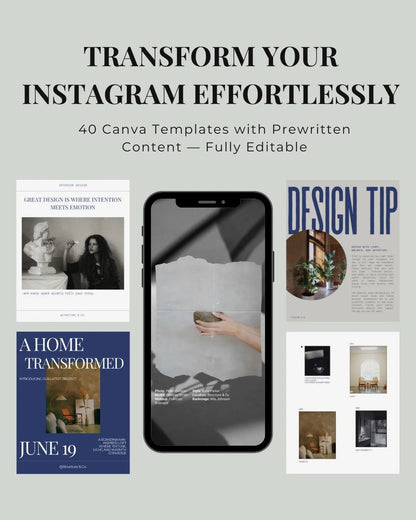 Collection of Canva templates with prewritten content for Instagram, featuring text 'Transform Your Instagram Effortlessly' and 'HHContentStudio'.