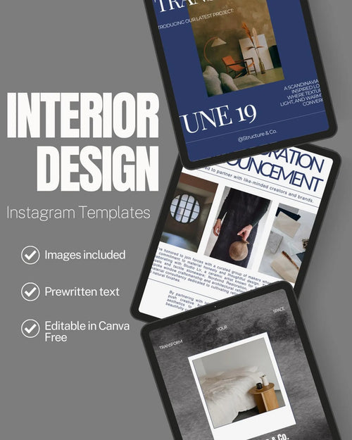 Promotional graphic for interior design Instagram templates with text and images on a gray background.
