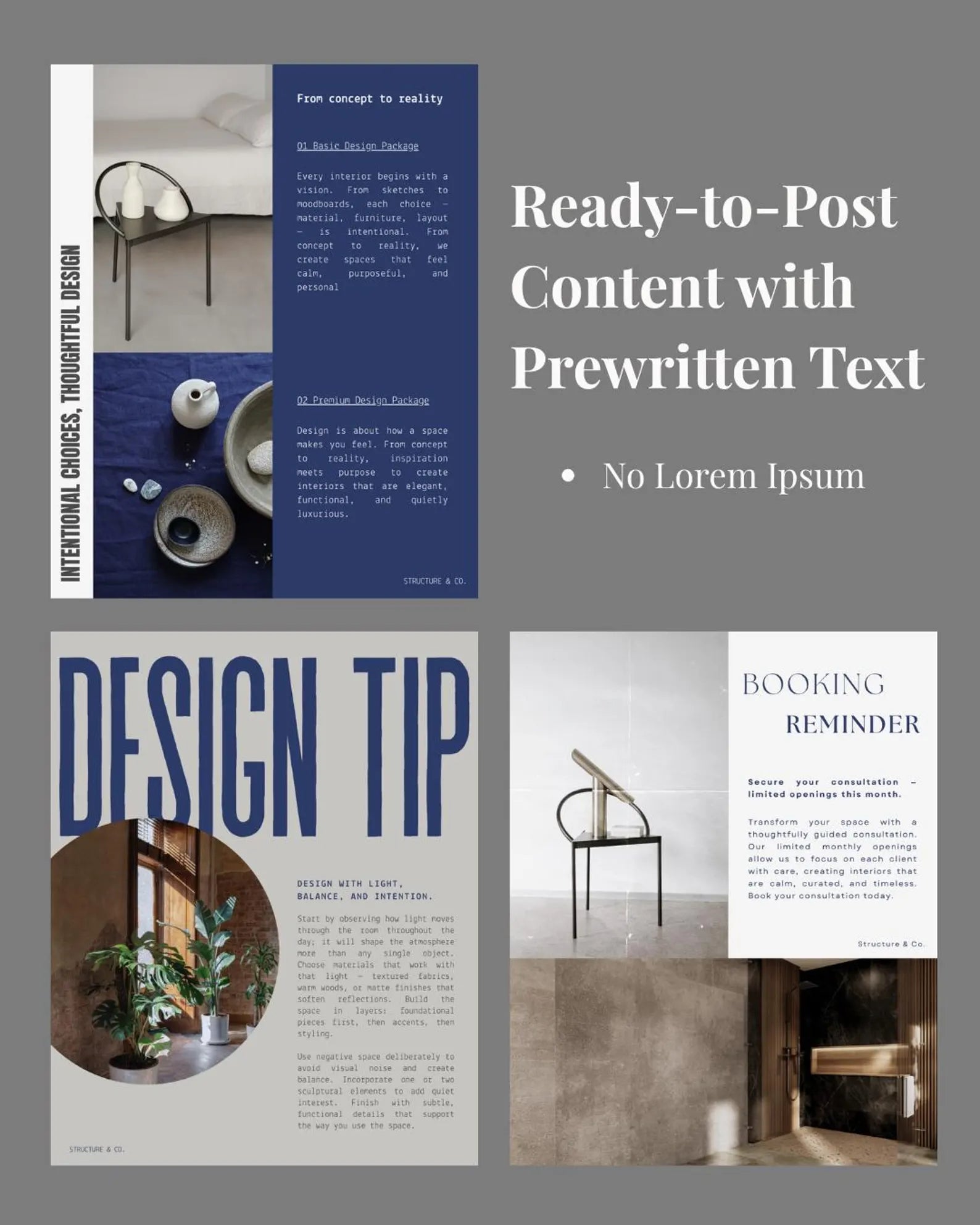 Collage of interior design-themed posts with prewritten text and images.