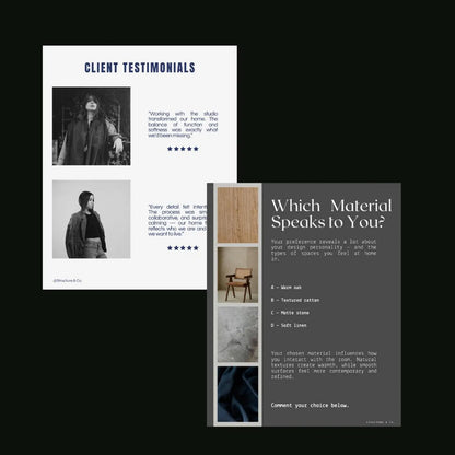 Collage of design elements including client testimonials and material selection questions on a black background.