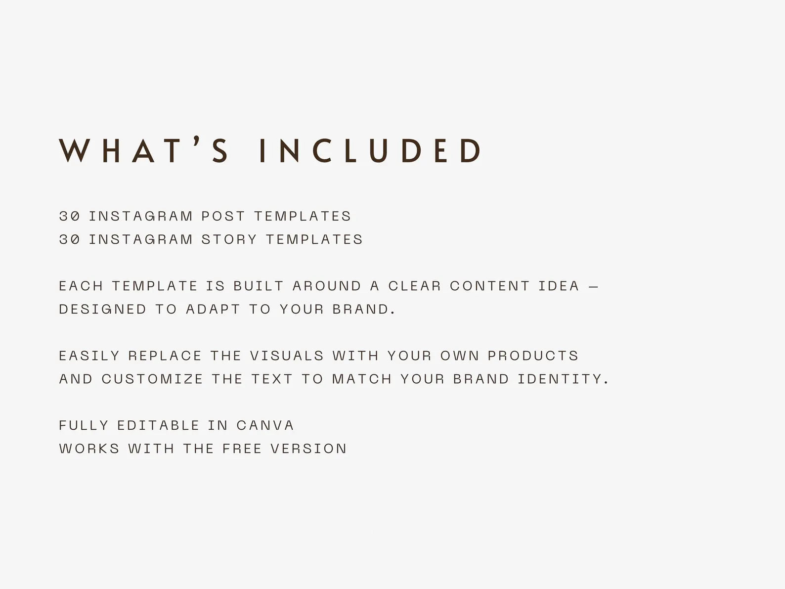 Text on a white background describing Instagram post and story templates with Elina Studio branding.