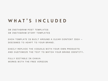 Text on a white background describing Instagram post and story templates with Elina Studio branding.