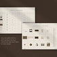 Two sheets of furniture selection with images and text on a brown background