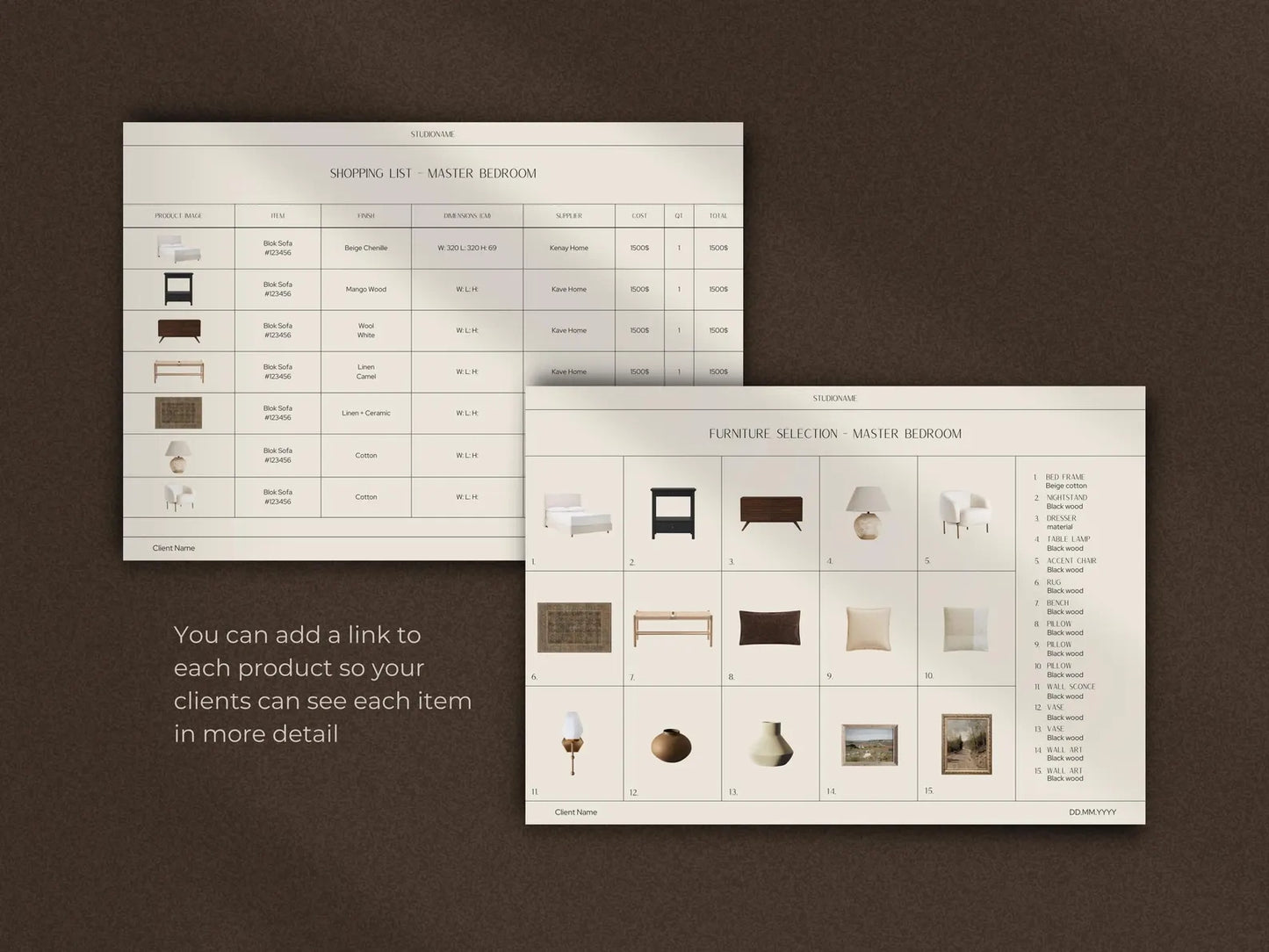 Two sheets of furniture selection with images and text on a brown background