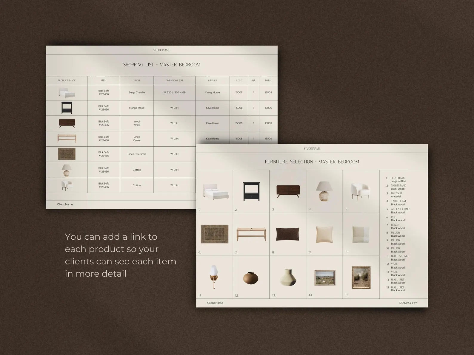 Two sheets of furniture selection with images and text on a brown background