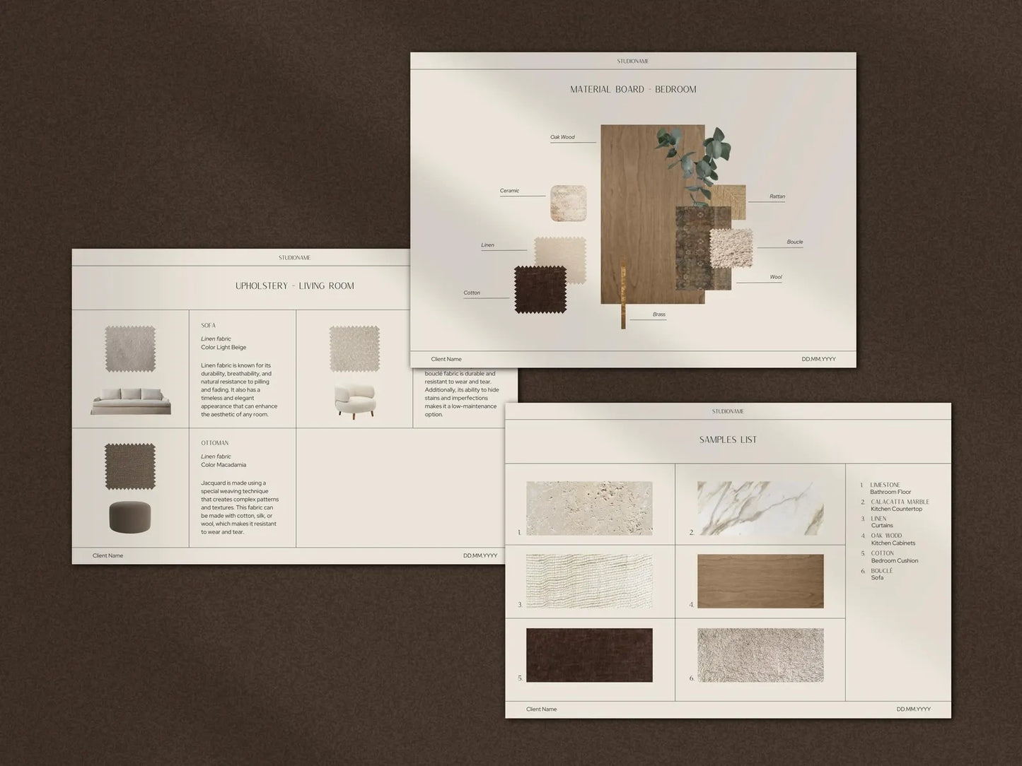 Set of interior design swatch books on a brown background