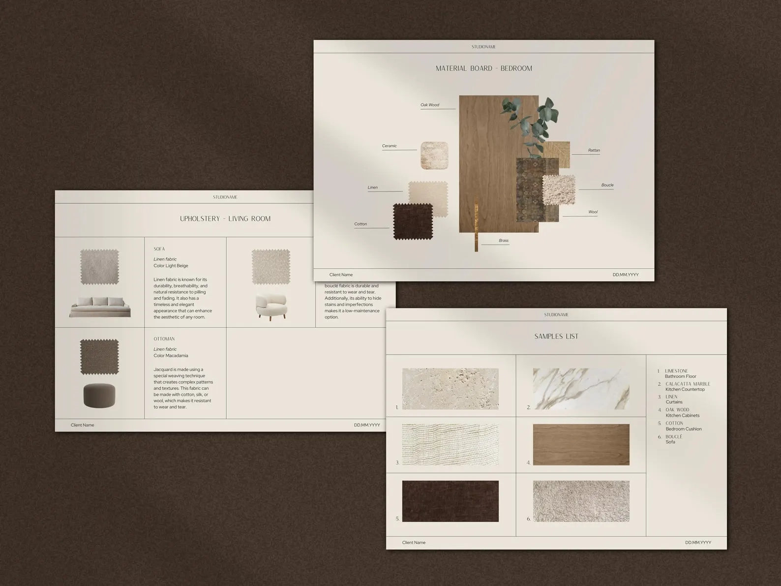 Set of interior design swatch books on a brown background