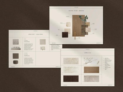 Set of interior design swatch books on a brown background