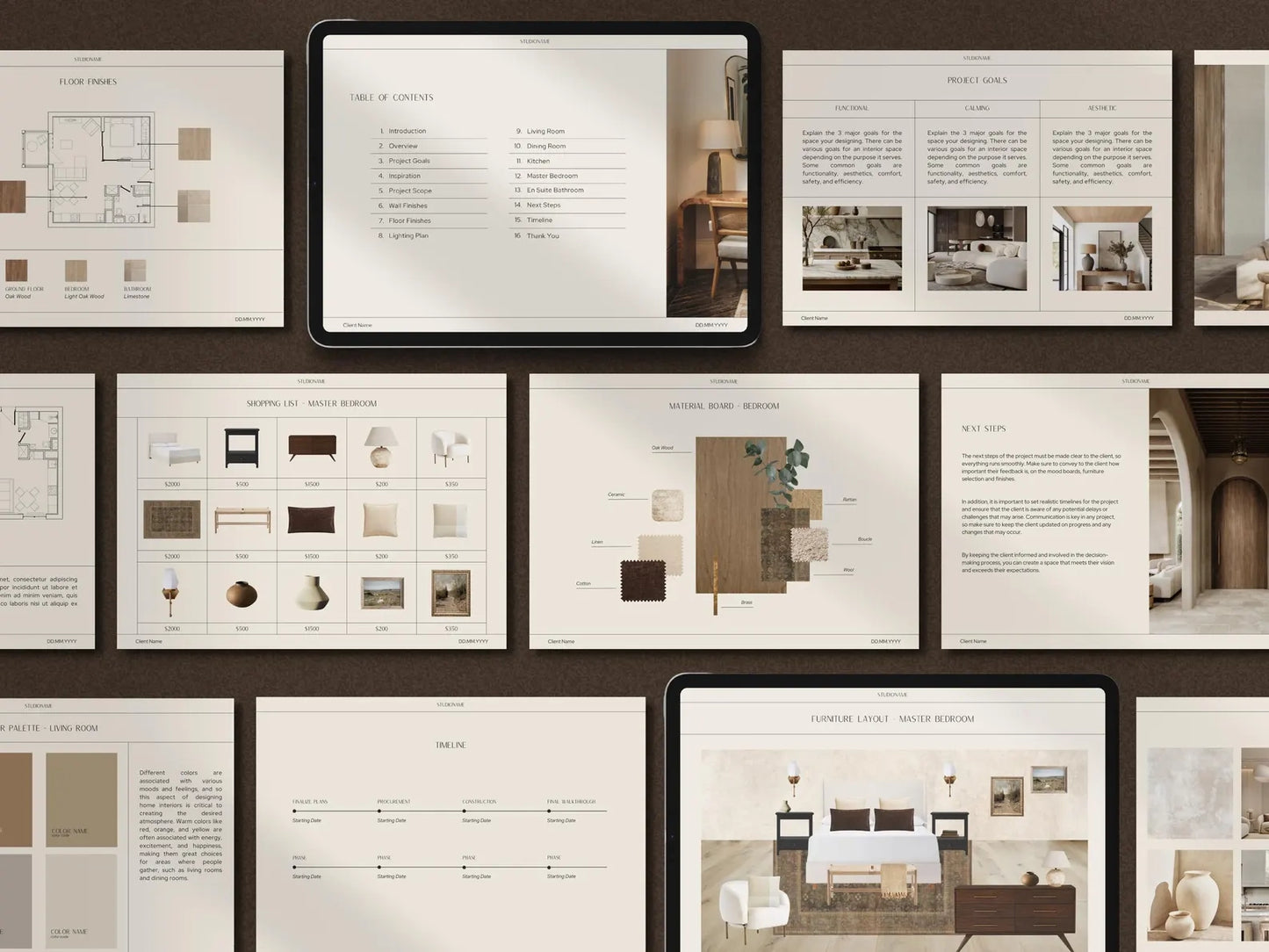 Collage of interior design images and a tablet displaying a design layout on a wooden surface.