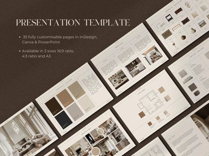 Presentation template with various design elements on a brown background