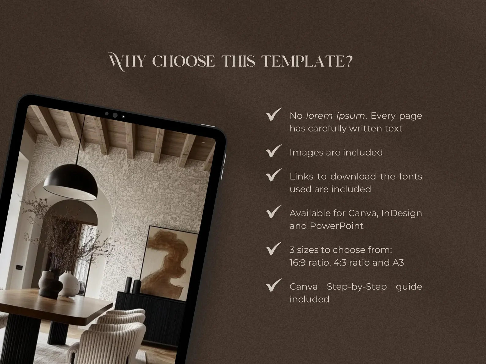 Promotional graphic for a design template with a tablet displaying a interior design layout.