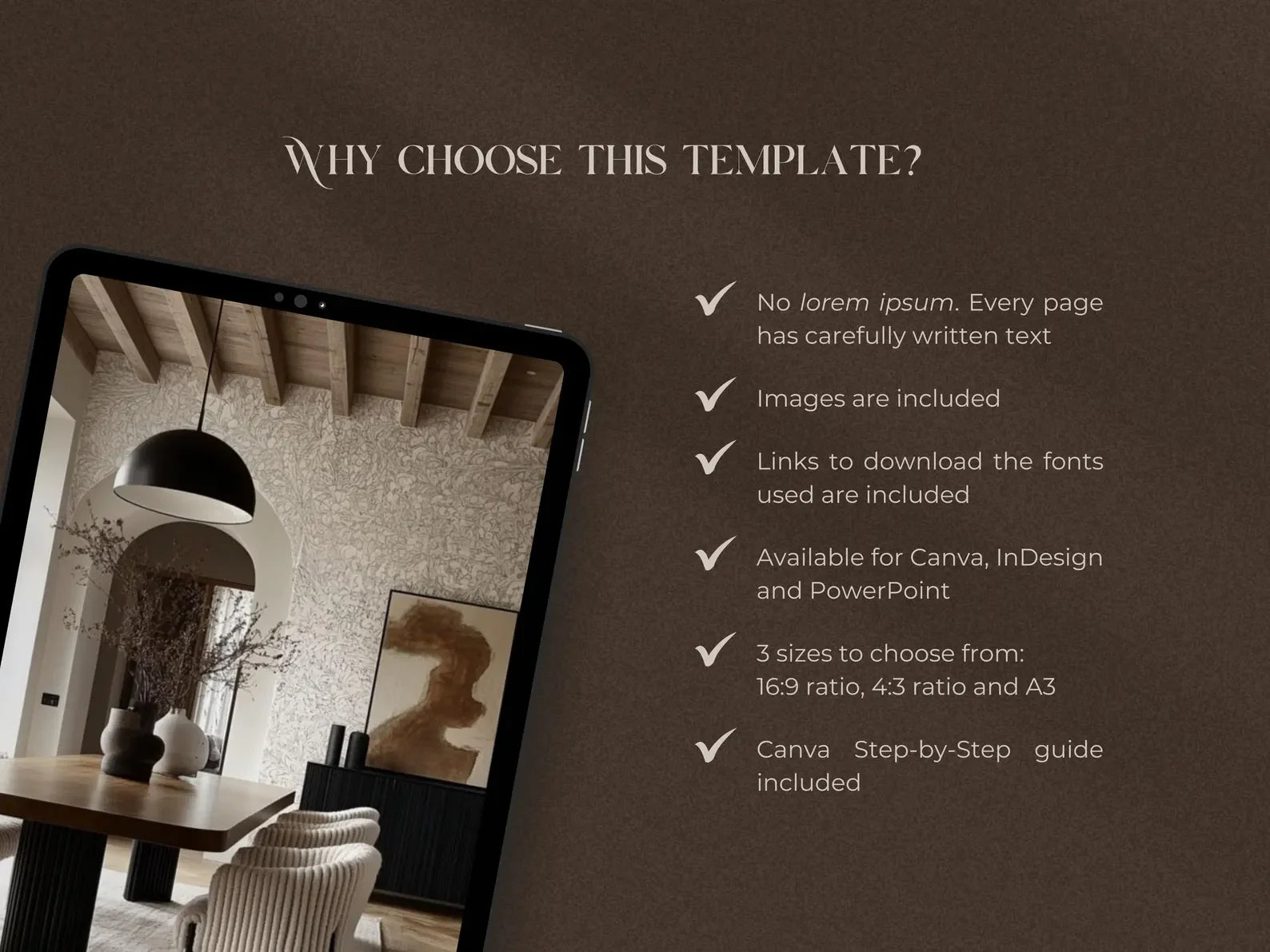 Promotional graphic for a design template with a tablet displaying a interior design layout.