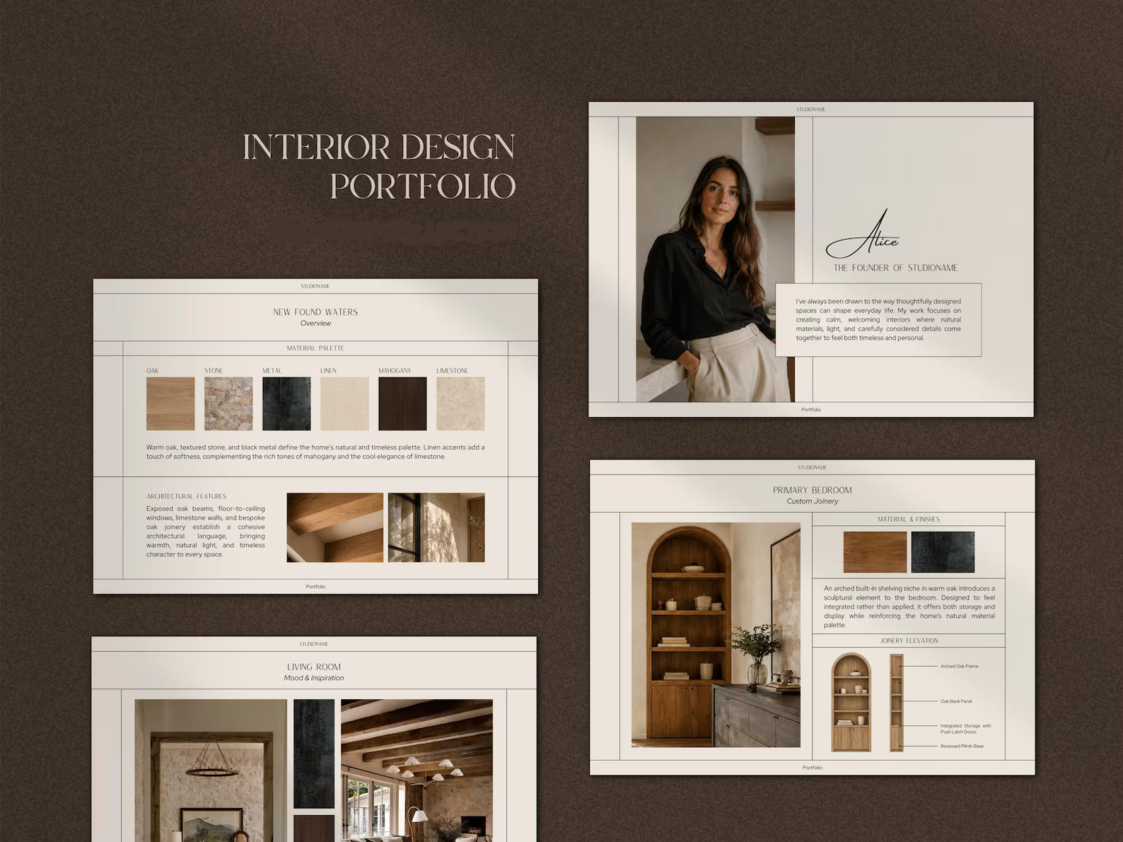 A digital mockup displaying an interior design portfolio website layout on a dark brown textured background. The layout features four cream-colored webpage panels showcasing interior design projects, color swatches, and a portfolio photo of a woman named Alice.