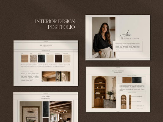 A digital mockup displaying an interior design portfolio website layout on a dark brown textured background. The layout features four cream-colored webpage panels showcasing interior design projects, color swatches, and a portfolio photo of a woman named Alice.