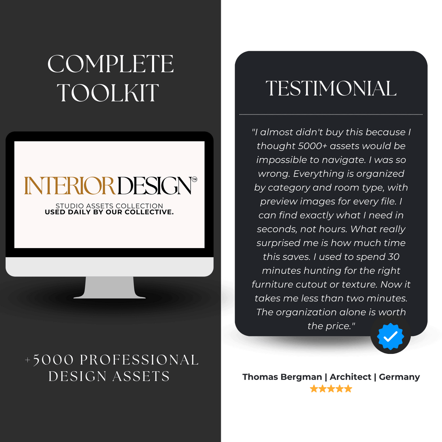 Computer monitor displaying 'Interior Design' logo with text about a complete toolkit and testimonial.