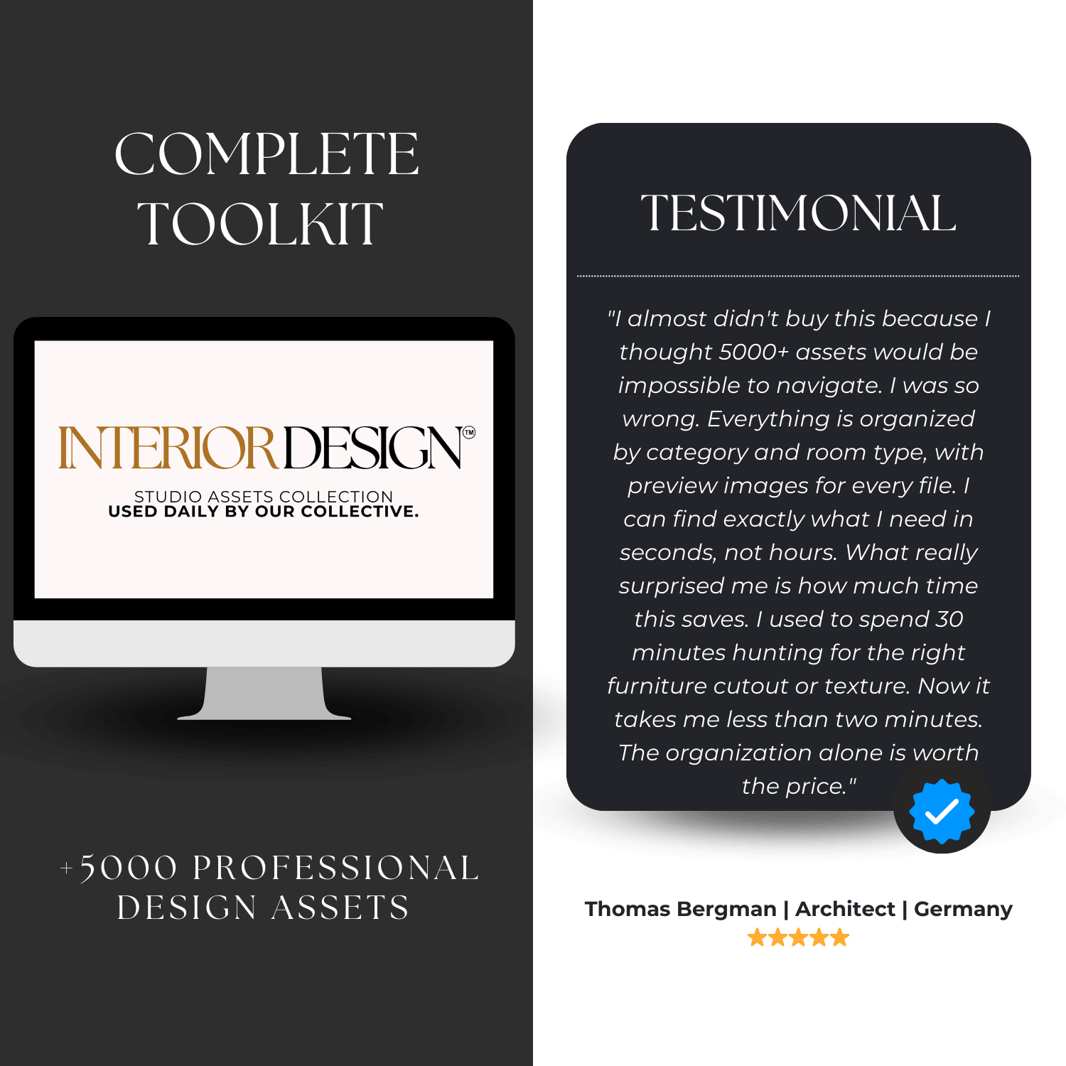 Computer monitor displaying 'Interior Design' logo with text about a complete toolkit and testimonial.