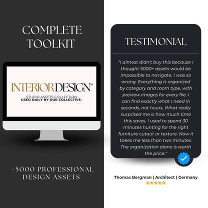Computer monitor displaying 'Interior Design' logo with text about a complete toolkit and testimonial.
