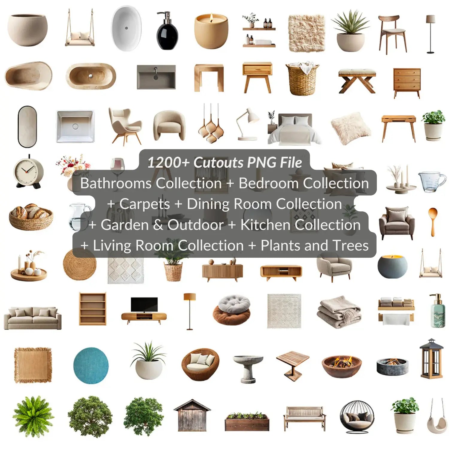 Collage of various furniture and decor items with text overlay on a white background