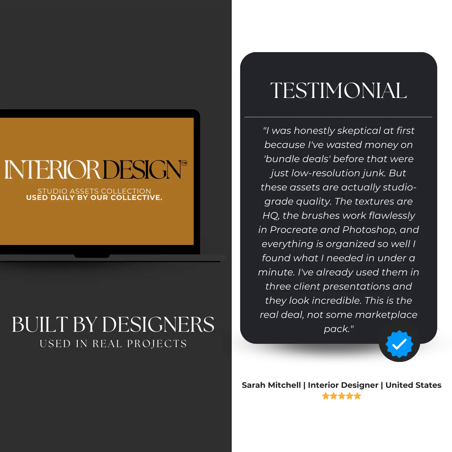 Advertisement for interior design assets with a screen displaying 'INTERIOR DESIGN' and a testimonial from Sarah Mitchell.