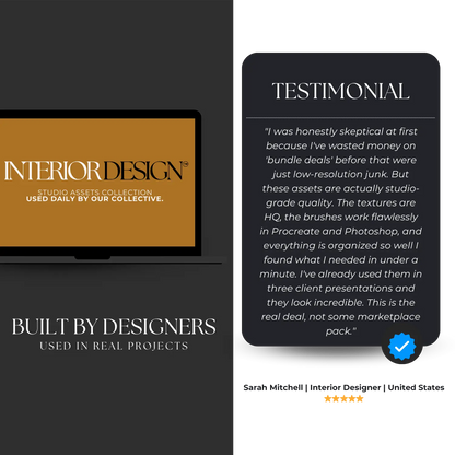 Advertisement for interior design assets with a screen displaying 'INTERIOR DESIGN' and a testimonial from Sarah Mitchell.