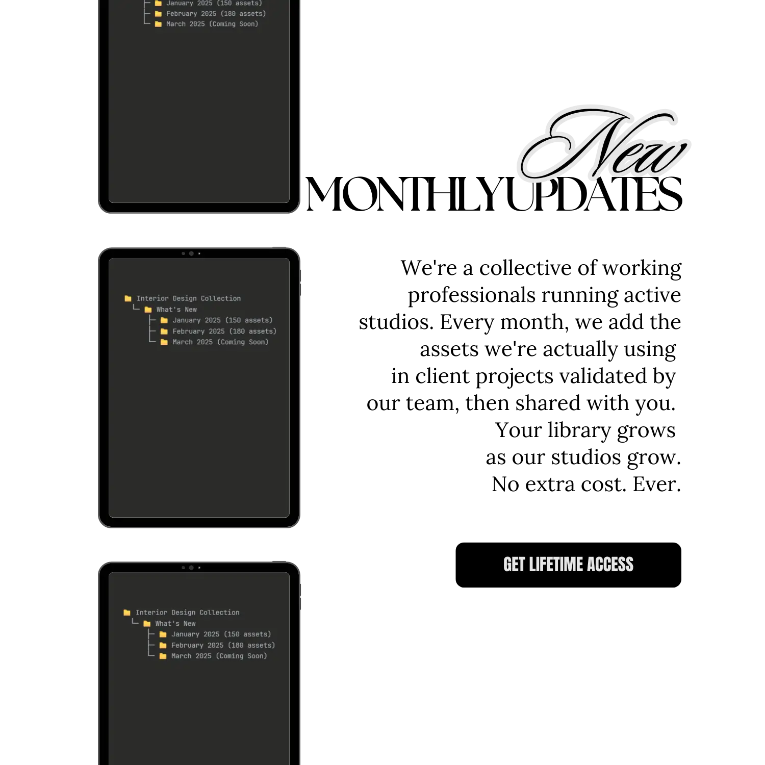 Promotional graphic for monthly updates with text and tablet icons on a white background