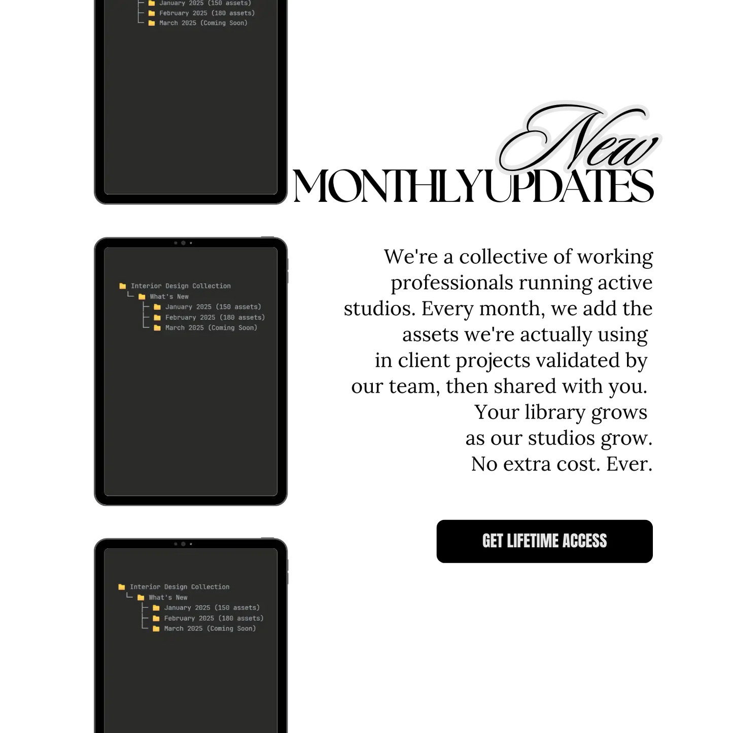 Promotional graphic for monthly updates with text and tablet icons on a white background