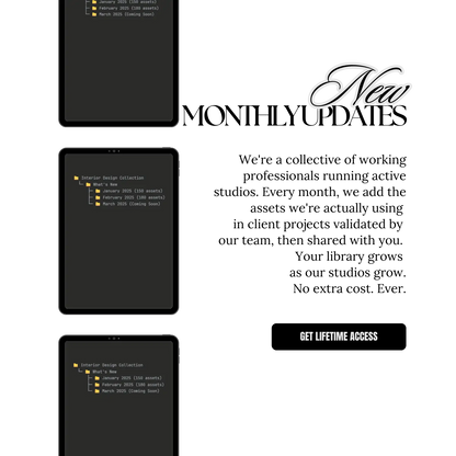 Promotional graphic for monthly updates with text and tablet icons on a white background