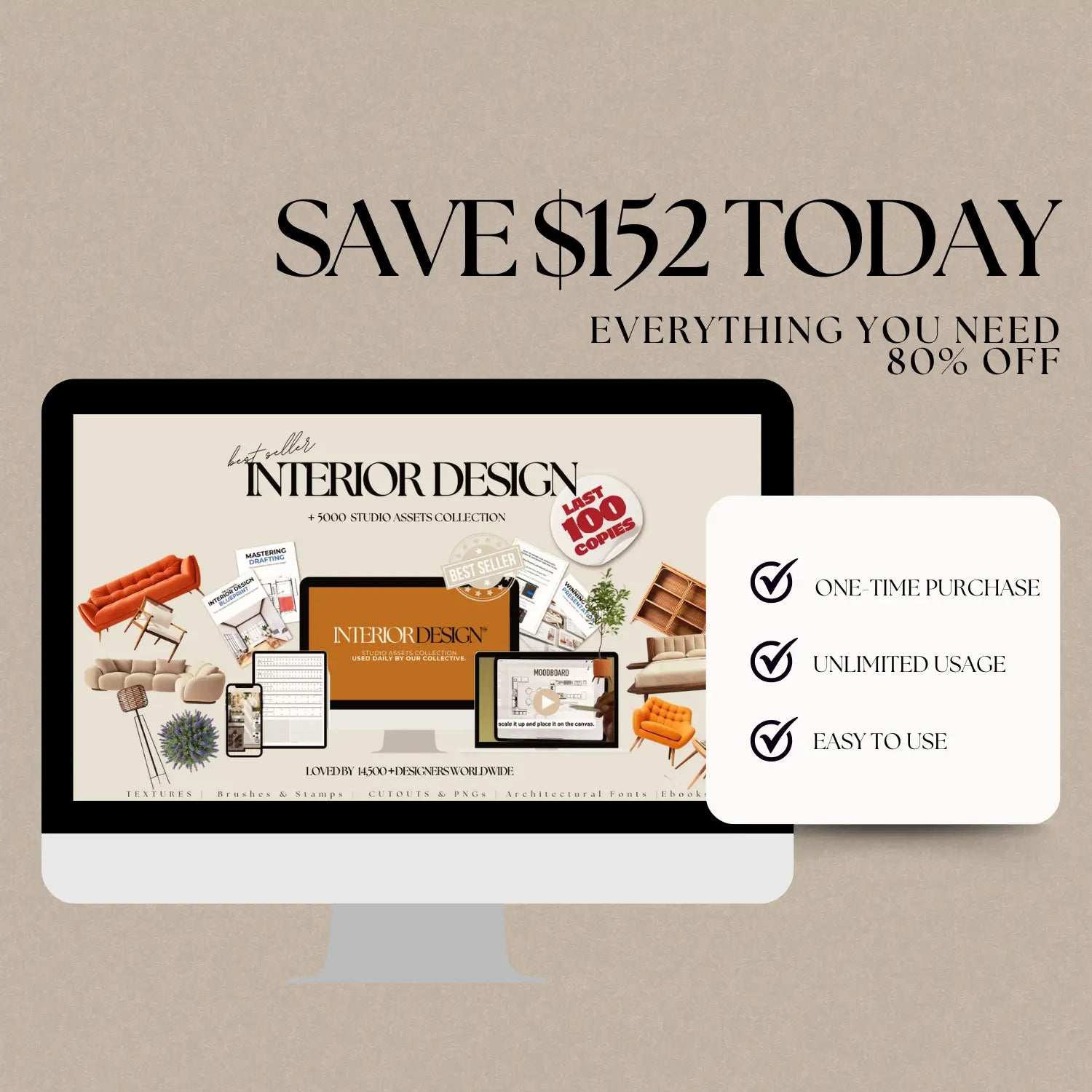 Computer monitor displaying an interior design software with promotional text on a beige background