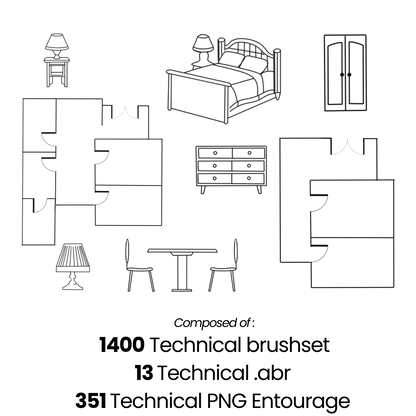 Set of black line drawings of bedroom furniture on a white background