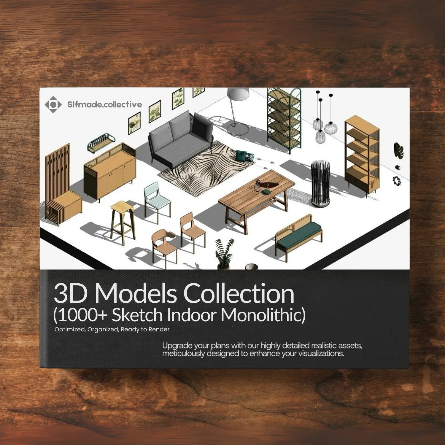 3D Models Collection packaging on a wooden surface