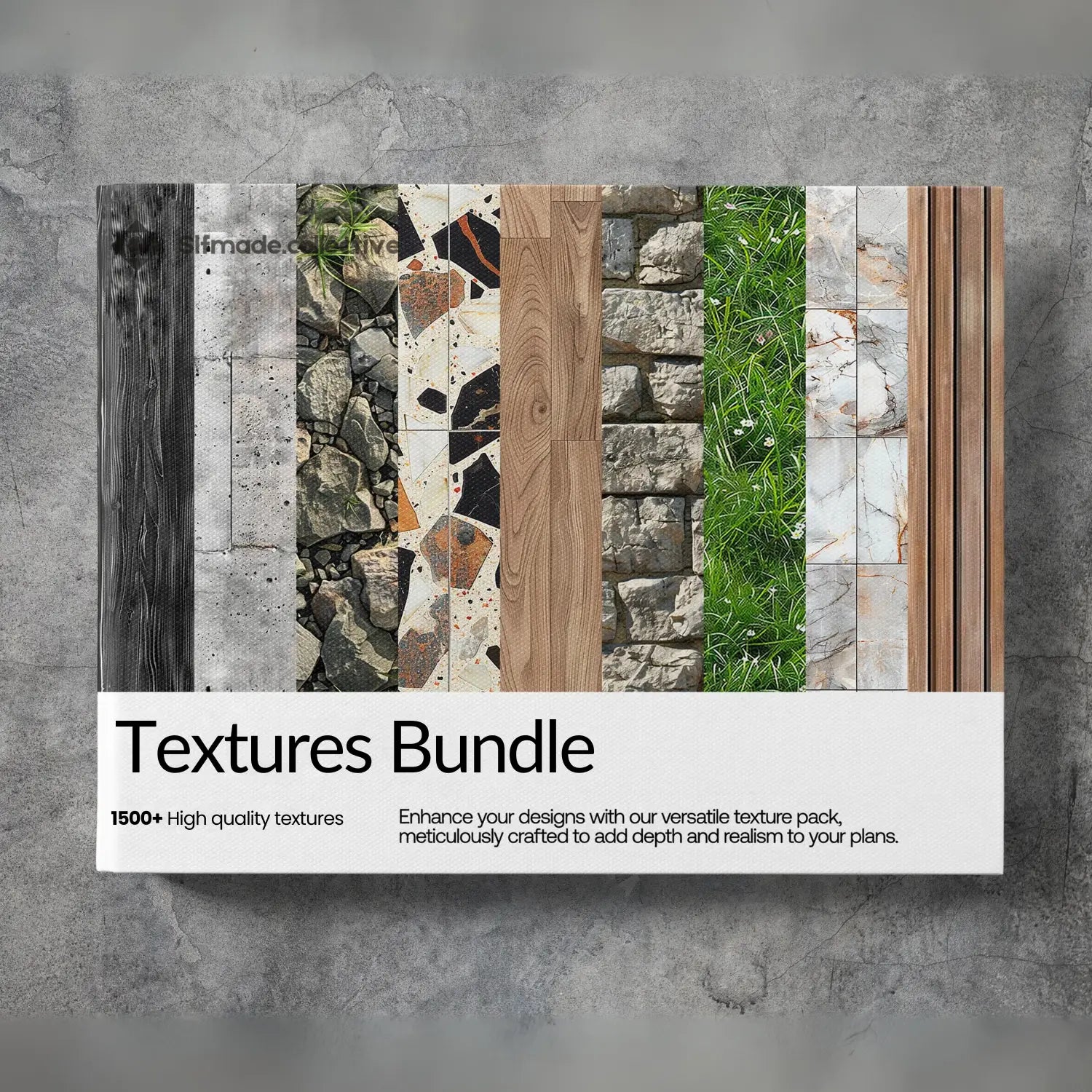 Promotional image of a textures bundle with various natural material textures on a concrete wall background.