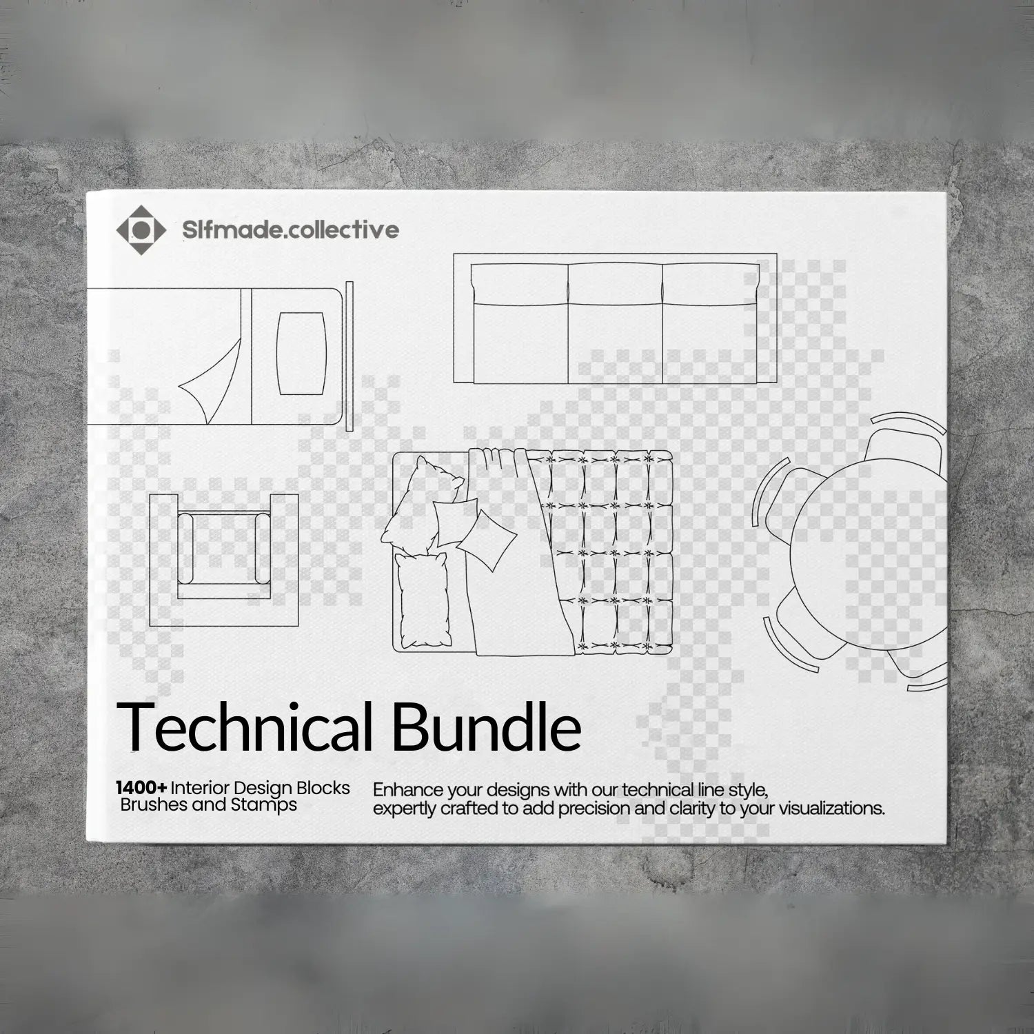 Technical Bundle packaging with line drawings on a gray background