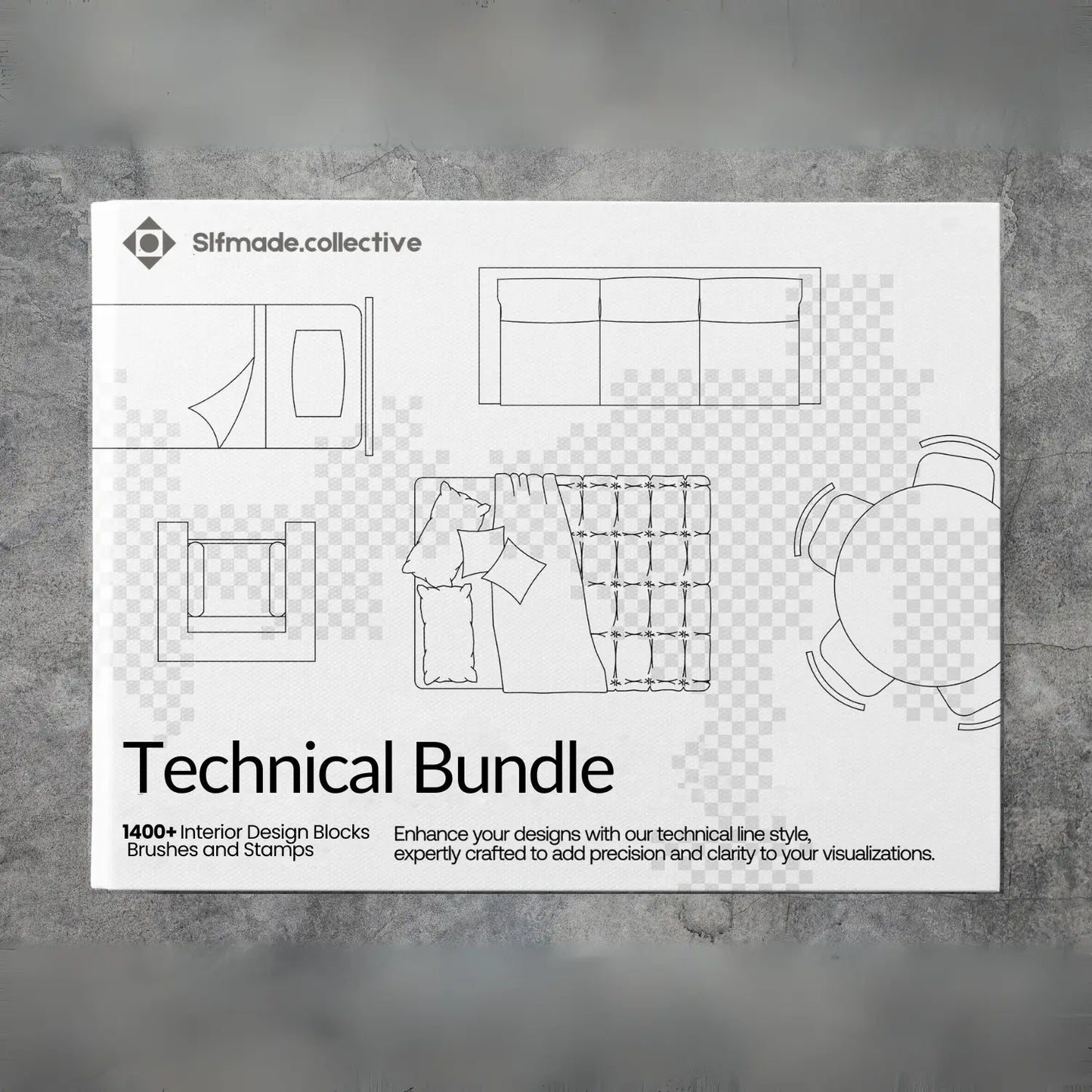 Technical Bundle packaging with line drawings on a gray background