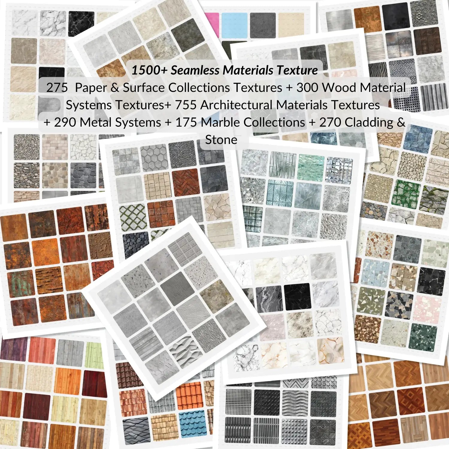 Collection of various material textures with text overlay on a white background