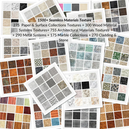 Collection of various material textures with text overlay on a white background