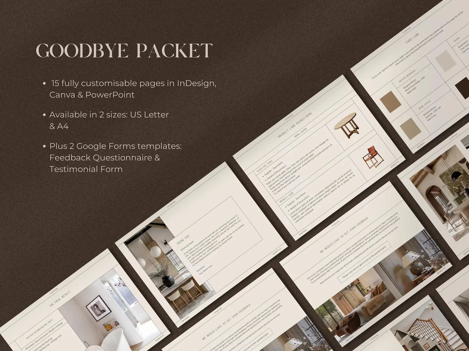 Goodbye packet with customizable pages in InDesign, Carva, and PowerPoint on a brown background.